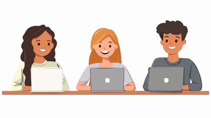 Vecteur des étudiants et des étudiantes heureux se regardent en souriant