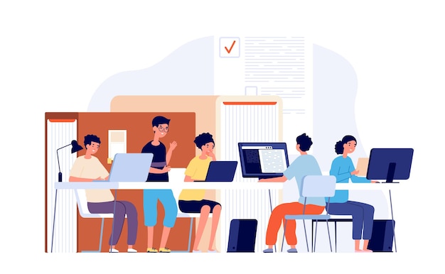 Les étudiants étudient au bureau. Jeunes adolescents qui étudient avec un ordinateur portable, école collégiale de travail d'équipe. Les gars pensifs préparent le vecteur d'examen. L'étude d'étudiants d'illustration utilise Internet, les jeunes apprennent
