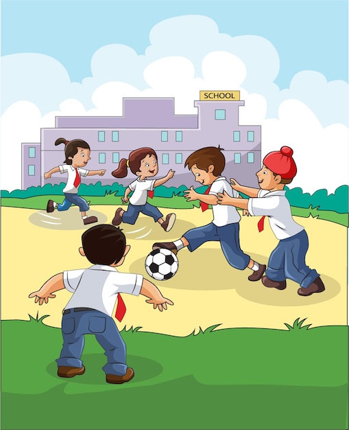 Étudiants Jouant Au Football Dans L'illustration Vectorielle De L'aire De Jeux De L'école