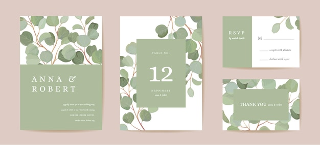 Eucalyptus aquarelle, carte de mariage floral de branches de feuilles vertes. Invitation de verdure de feuilles tropicales de vecteur. Cadre de modèle Boho. Couverture de feuillage botanique Save the Date, affiche de design moderne