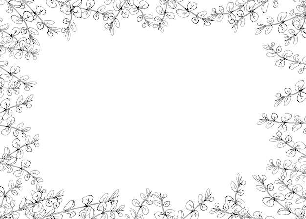 Vecteur eucalyptus floral cadre de bannière horizontale ligne d'art dessinée à la main feuilles d'eucalyptus illustration de couronne vectorielle pour carte ou invitation de mariage isolée sur fond blanc