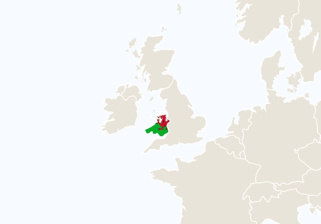 Vecteur europe avec carte du pays de galles en surbrillance. illustration vectorielle.