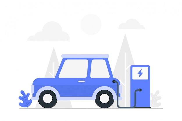 Vecteur ev voiture électrique en charge à la station de charge électrique.