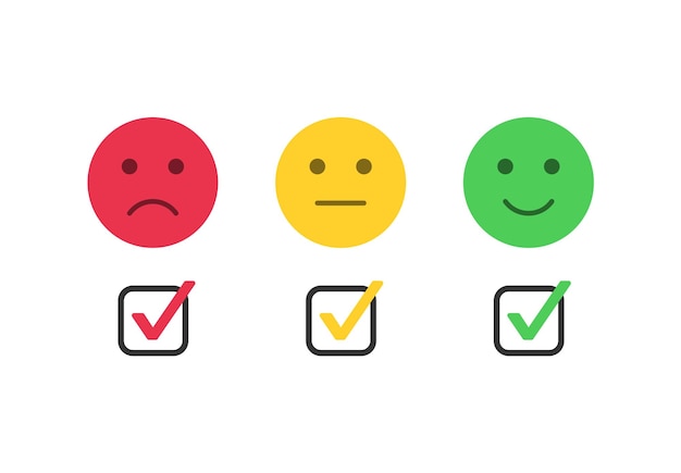 Vecteur Évaluation emoji de rétroaction avec cadre de case à cocher icône et émoticône triste neutre heureux