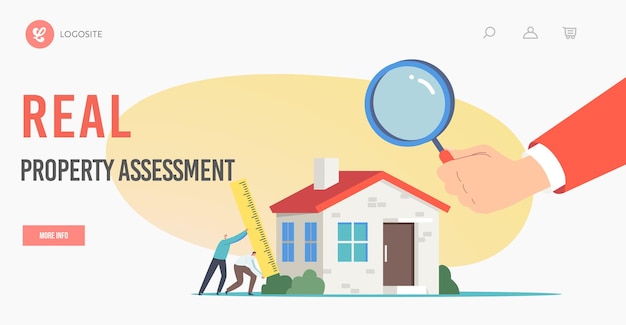 Vecteur Évaluation immobilière, modèle de page de destination d'évaluation de la maison. de minuscules personnages d'agents immobiliers avec une énorme règle faisant l'inspection de la maison. main humaine avec loupe. dessin animé, gens, vecteur, illustration