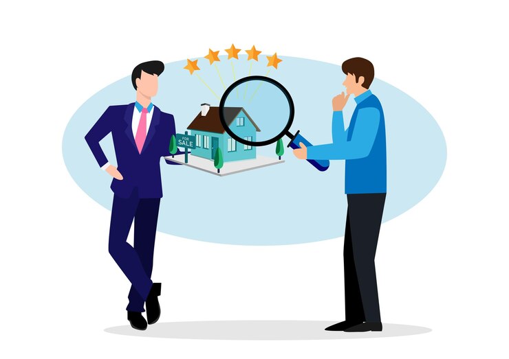 Vecteur évaluation de la propriété ou évaluation du prix évaluation du logement pour la valeur marchande évaluation de la vente résidentielle ou concept d'examen immobilier homme d'affaires évaluateur loupe examen propriété avec classement par étoiles