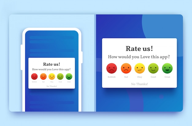 Vecteur Évaluez-nous un popup de rétroaction pour mobile de couleur bleue avec des emoji de mauvais, bon, heureux et moyen