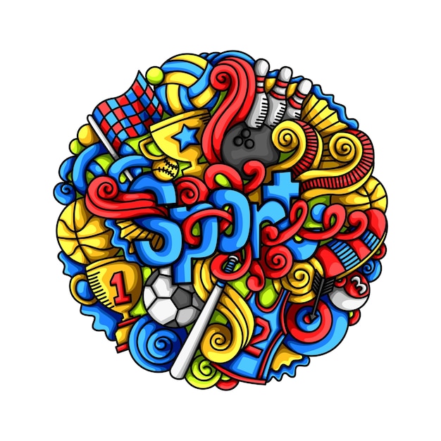 Vecteur Évènement sportif baseball soccer course basket de patinage gagnant doodle d'art coloré