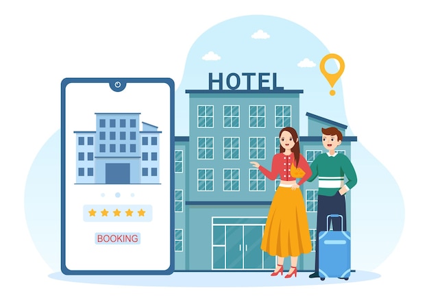 Vecteur examen de l'hôtel avec service d'évaluation au client évalué ou expérience dans l'illustration dessinée à la main