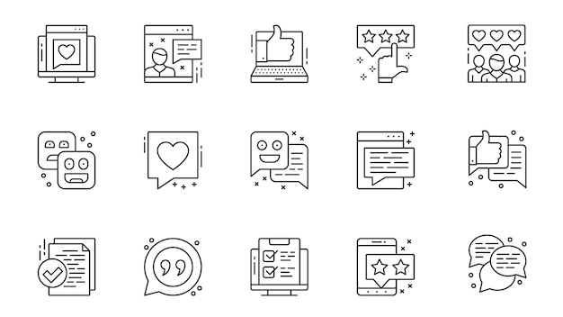 Examiner les icônes définies dans la conception de traits de contour pour le web Emballer des pictogrammes de ligne avec des commentaires de rétroaction en ligne expérience utilisateur comme l'évaluation public négatif positif cœur autre illustration vectorielle