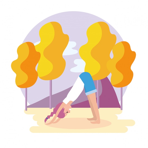 Exercice De Position De Yoga Femme Avec Arbres Et Montagnes