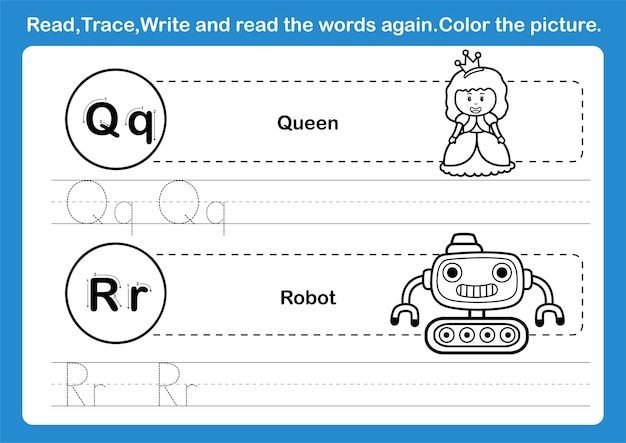 Exercice Qr Alphabet Avec Vocabulaire De Dessin Animé Pour Cahier De Coloriage