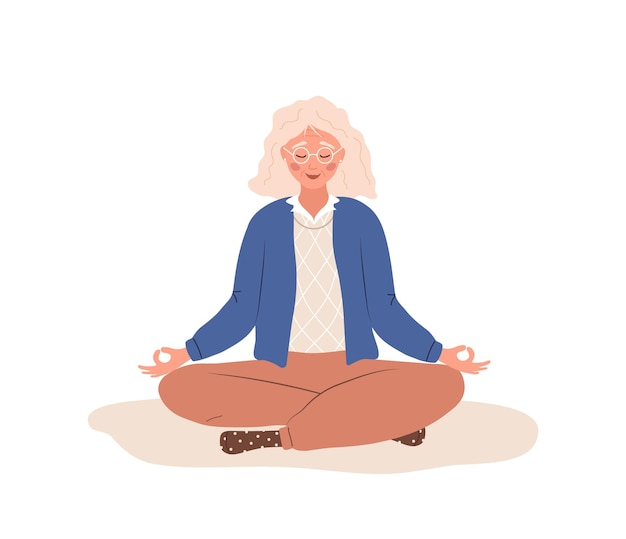 Exercice De Yoga Sur La Conscience Du Souffle Femme âgée Pratiquant La Respiration Abdominale Pour Se Détendre