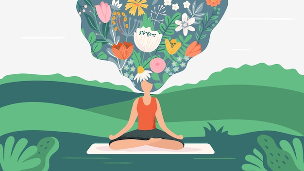 Vecteur exercice de yoga sur la nature femme assise en position du lotus méditant avec des fleurs dans les cheveux personnage féminin de dessin animé
