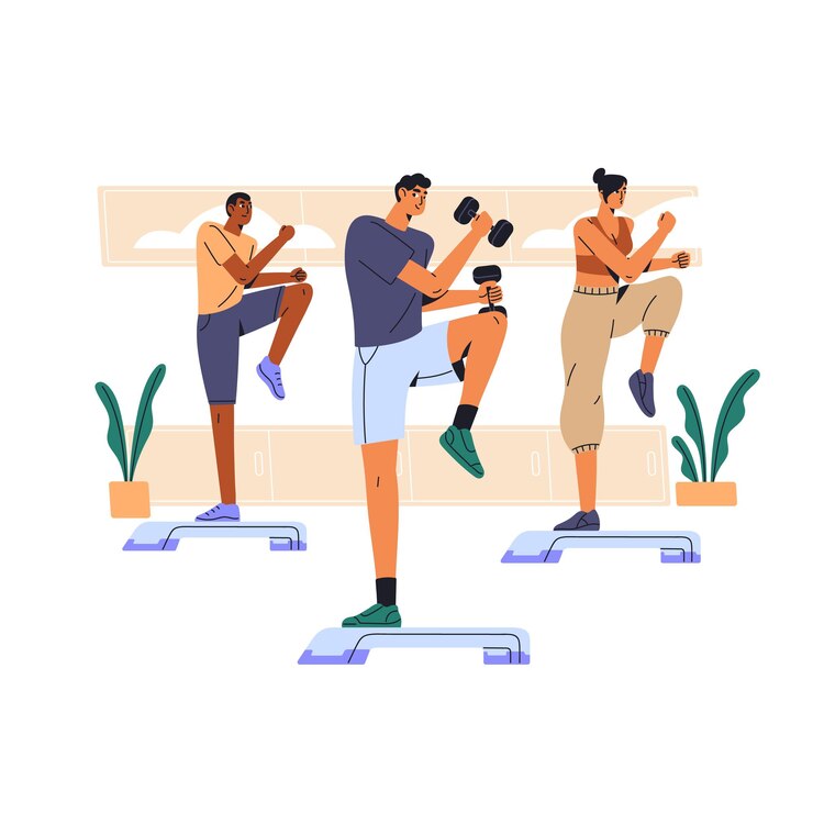 Exercices de groupe de fitness entraînement cardio en classe de sport Les gens s'engagent dans l'entraînement par étapes pilates L'entraîneur sportif avec haltère fait de l'aérobic sur banc Illustration vectorielle isolée plate sur fond blanc