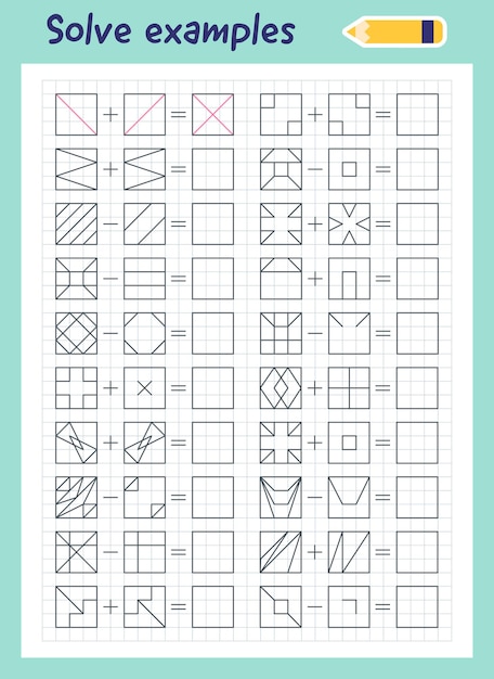 Vecteur exercices de logique pour les enfants résoudre des exemples selon le modèle jeu de mathématiques pour les enfants imprimable