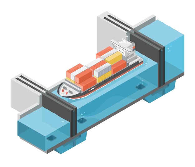 Vecteur l'expansion du canal de panama permet le transit de plus grands navires avec un plus grand volume d'eau isométrique