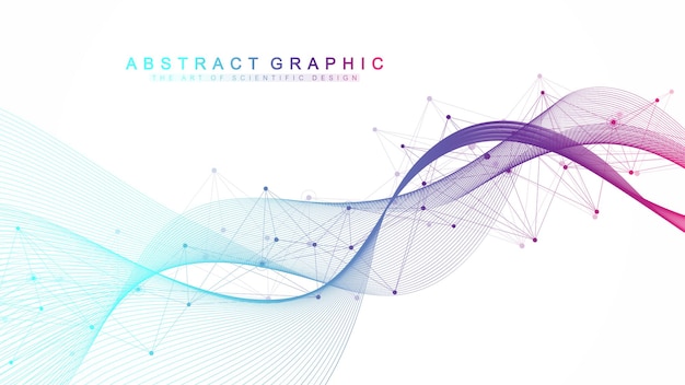 Expansion de la vie. Fond d'explosion coloré avec ligne et points connectés, écoulement des vagues. Visualisation Technologie quantique. Explosion de fond graphique abstrait, rafale de mouvement, illustration vectorielle.