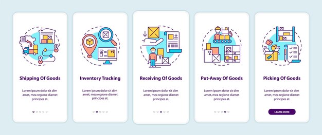 Expédition de marchandises, réception de l'écran de la page de l'application mobile d'intégration avec illustrations de concepts