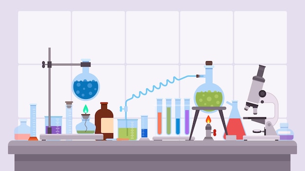 Expérience de laboratoire scientifique à plat avec des béchers et un flacon en verre. Équipement de recherche pharmaceutique sur le bureau. Concept de vecteur de test de laboratoire chimique. Illustration du laboratoire de chimie de l'équipement