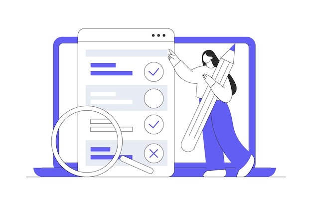 Expériences des clients et concept de satisfaction Femme remplissant un test dans le formulaire d'enquête client liste de contrôle