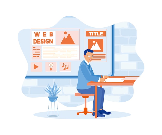 Un expert en informatique esquisse le développement d'un site Web sur une feuille de papier. Les hommes créent du contenu pour remplir les sites.