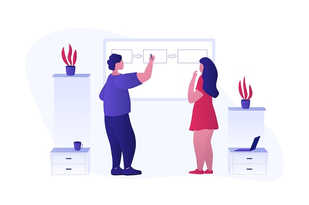 Vecteur explique comment le processus métier ou le flux de travail du projet fonctionne au collègue le chef d'équipe dessine