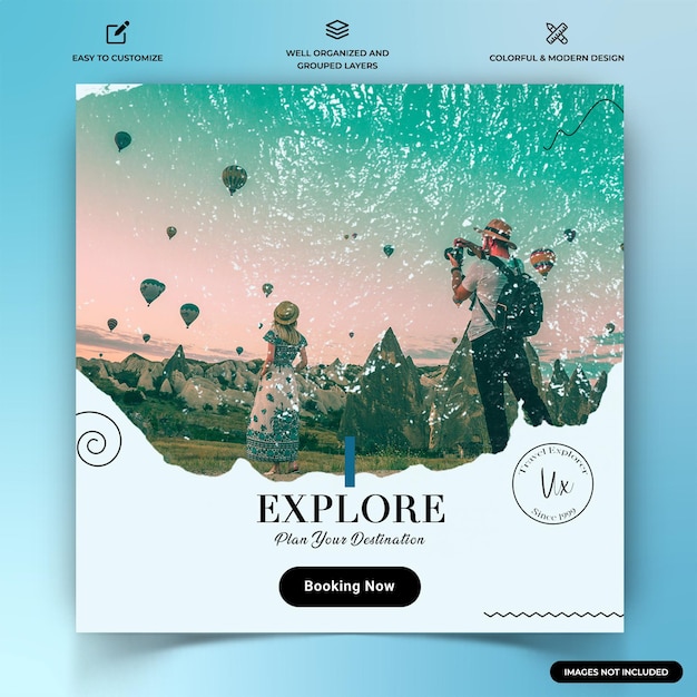 Explorateurs De Voyages Instagram Post Modèle De Bannière Web Vecteur Premium