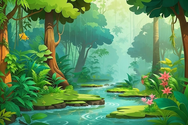 Explorez le monde enchanteur des scènes de jungle de dessins animés et de la nature sauvage des forêts tropicales humides