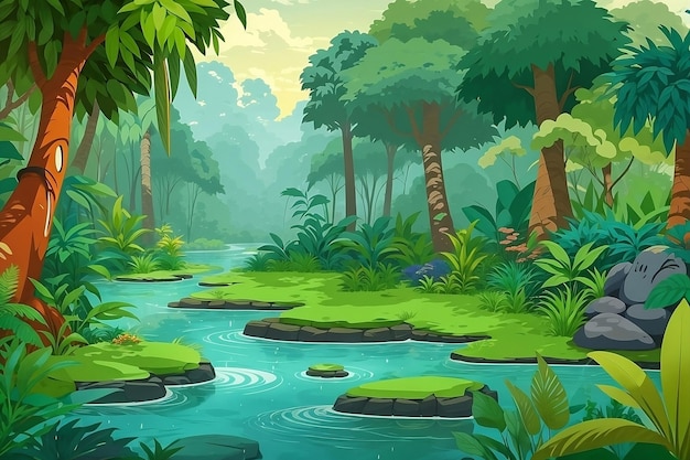 Explorez le monde enchanteur des scènes de jungle de dessins animés et de la nature sauvage des forêts tropicales humides
