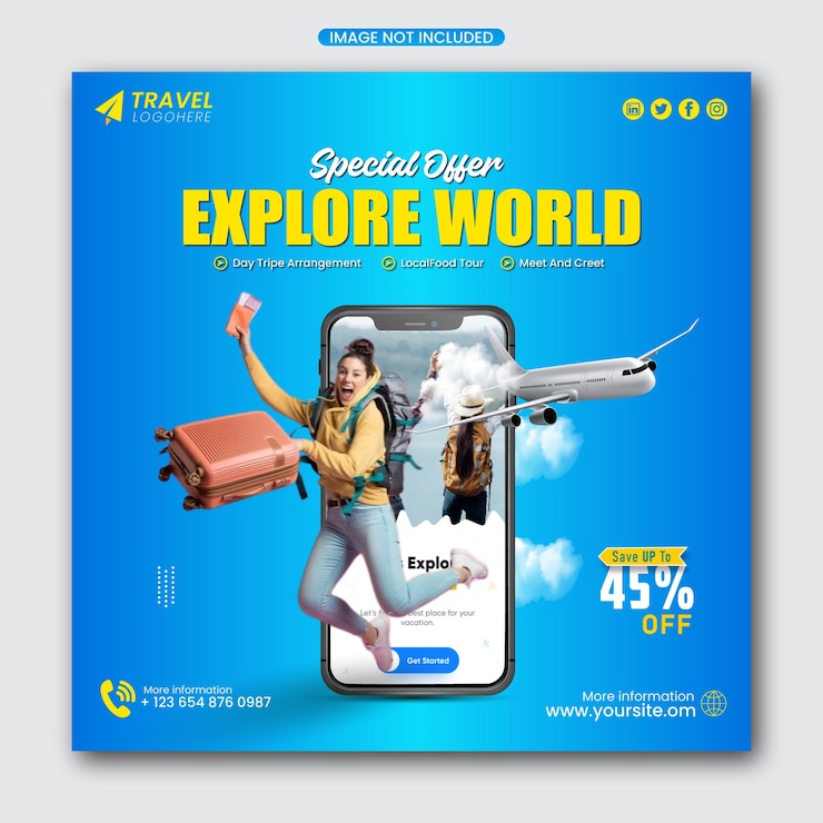Vecteur explorez le monde moderne voyages créatifs médias sociaux poste web bannière modèle de conception de flyer carré
