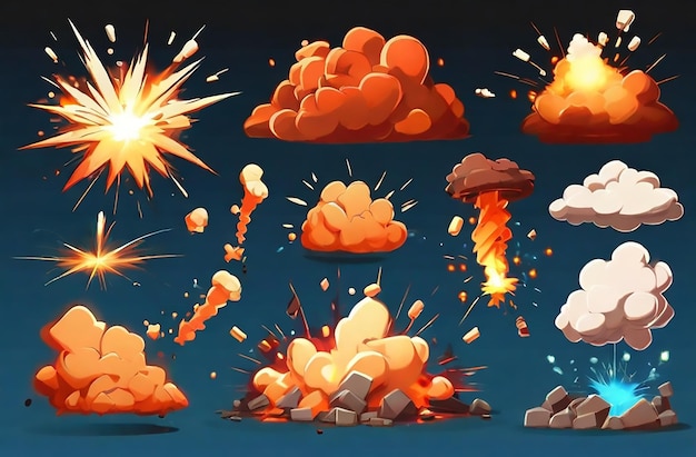 Vecteur explosion de bombe de dessin animé explosions de dynamite danger détonation de bombe explosive et nuage de bombes atomiques