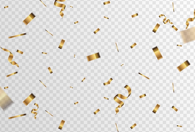 Une explosion de confettis sur un fond transparent Des découpes de papier doré brillant qui volent et se dispersent