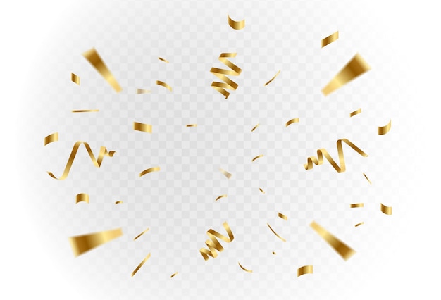 Une explosion de confettis sur un fond transparent Des morceaux de papier dorés brillants volent et s'étendent