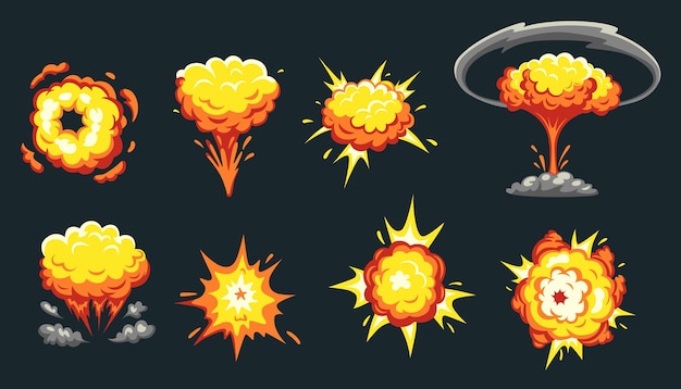 Vecteur explosion de dessin animé la bombe et la dynamite explosent l'élément de gameplay ensemble vectoriel isolé