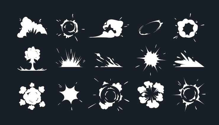 Vecteur explosion d'énergie comique vitesse explosive fumée dessin animé nuageux exploser effet explosion épidémie feu fumée énergie nuage dynamite rafale illustration vectorielle