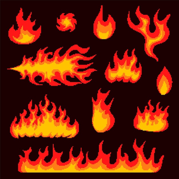 L'explosion nucléaire pixel art bit objets de feu champignon nuage icônes de jeu set comique grande flamme de boom