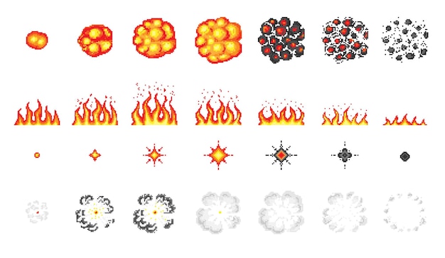 Vecteur explosion nucléaire pixel art bit objets de feu icônes de jeu ensemble effets de flamme de boom comique bang burst