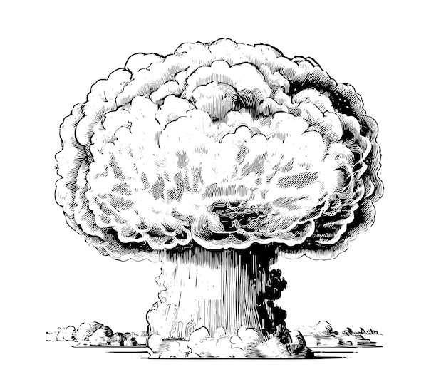 Explosion de puissance nucléaire champignon atomique croquis dessinés à la main Illustration vectorielle