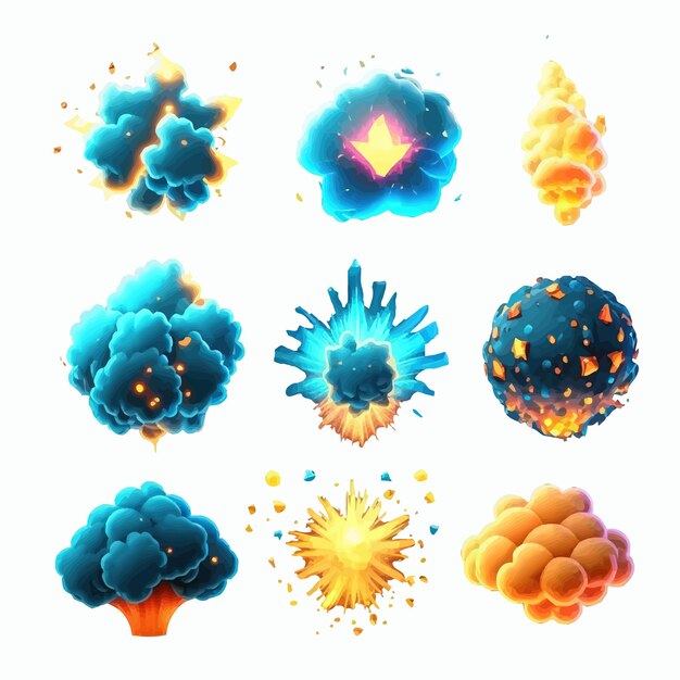 Explosions Magiques Flash Lumineux Ou éclatement D'énergie Avec Des Nuages De Feu Et De Fumée Bleue Isolés Sur Fond Illustration Vectorielle De Dessin Animé