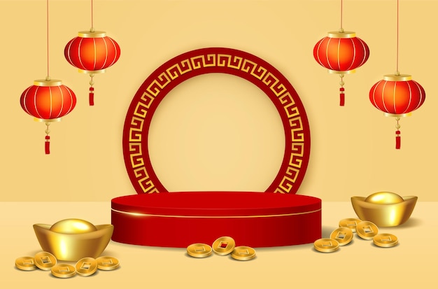 Vecteur exposition de produits sur le thème du nouvel an chinois conception avec podium et pièces d'or sur fond d'or doux