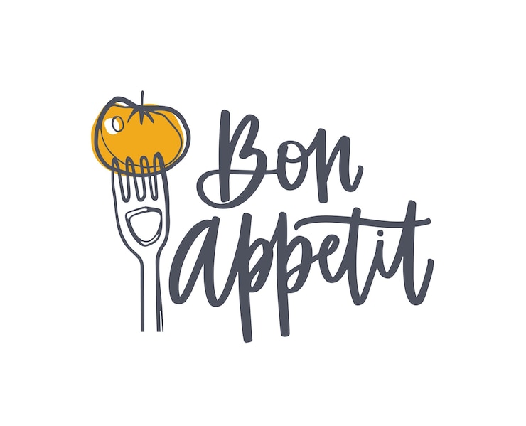 Vecteur expression de bon appétit manuscrite avec police calligraphique cursive et décorée de tomate sur fourche. lettrage élégant et nourriture isolé sur fond blanc. illustration vectorielle réaliste dessinés à la main.