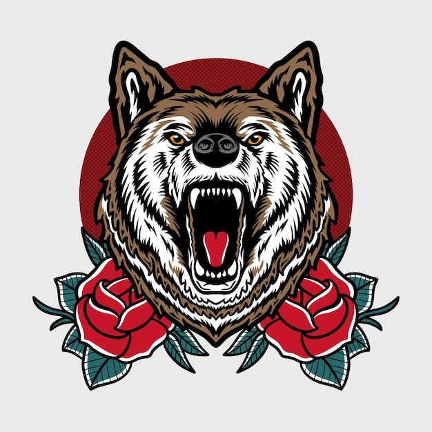 L'expression De Colère De La Tête De Loup Rouge Avec Une Illustration De Roses