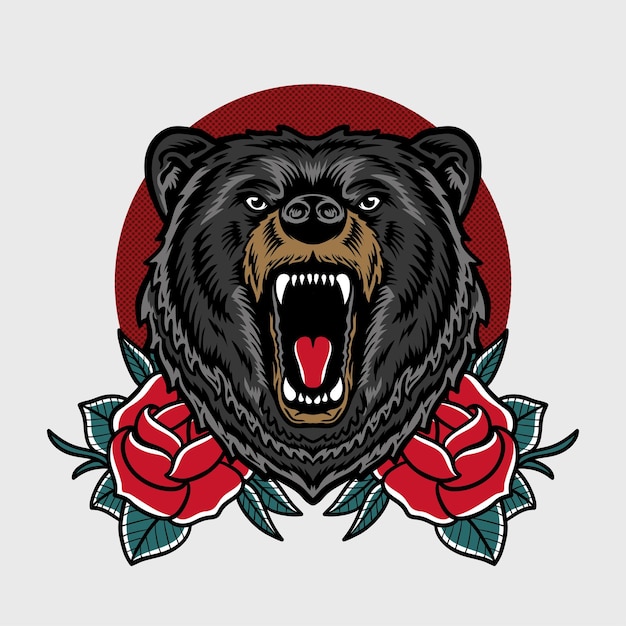 L'expression De Colère De La Tête D'ours Noir Avec Une Illustration De Roses