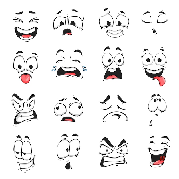 Vecteur expression de visage isolé icônes vectorielles, emoji drôle de bande dessinée épuisé, pleurant et fou, en colère, riant et triste