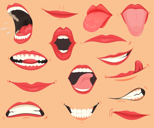 Vecteur expressions de la bouche. lèvres avec une variété d'émotions, d'expressions faciales.