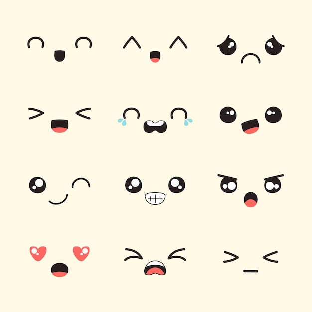 Des expressions faciales de kawaii dessinées par une main plate vectorielle