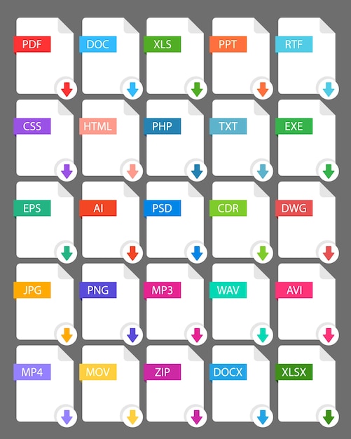 Vecteur extension de fichier - icône de couleur définie