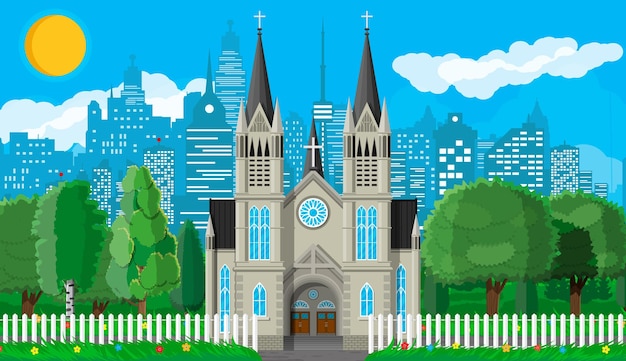 Vecteur extérieur de la cathédrale de l'église catholique ou protestante de style gothique avec clôture et arbres derrière la tour de la chapelle avec croix parc avec paysage urbain et ciel concept d'église de banlieue illustration vectorielle plane