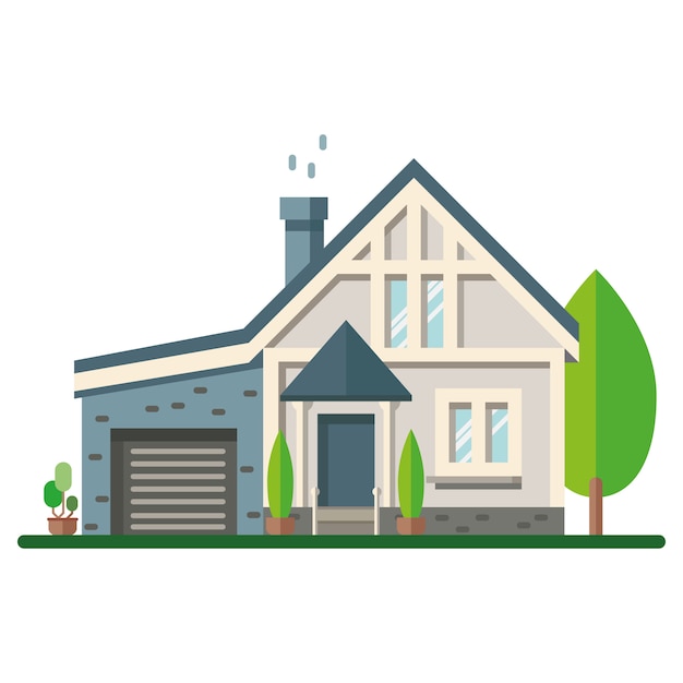 Extérieur de la maison colorée. Illustration vectorielle. Icône de la maison. Façade de maison avec arbres sur fond blanc.